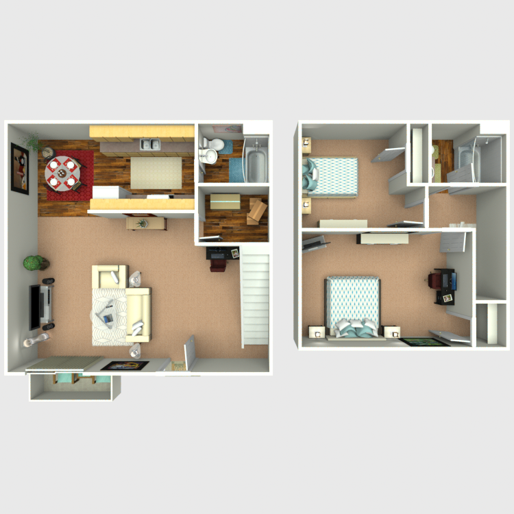 Plan D: Two Bedroom / One and 1/2 Bath - 1,000 Sq. Ft.